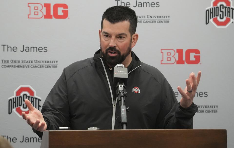 Feb 1, 2023; Ohio State football coach Ryan Day talks with the media during an off-season news conference. He and other Ohio State football coaches addressed the media in the Woody Hayes Athletic Center. Mandatory Credit: Doral Chenoweth/The Columbus Dispatch