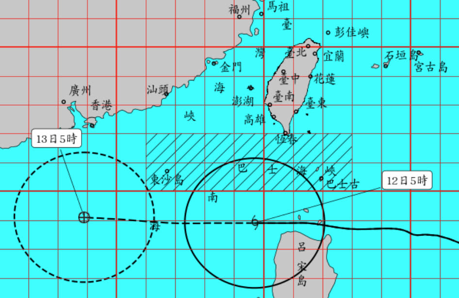 圓規今晨5時中心位置在鵝鑾鼻南南西方約360公里海面上，持續往西移動，預計8時30分解除海警。（圖片來源：氣象局，下同）