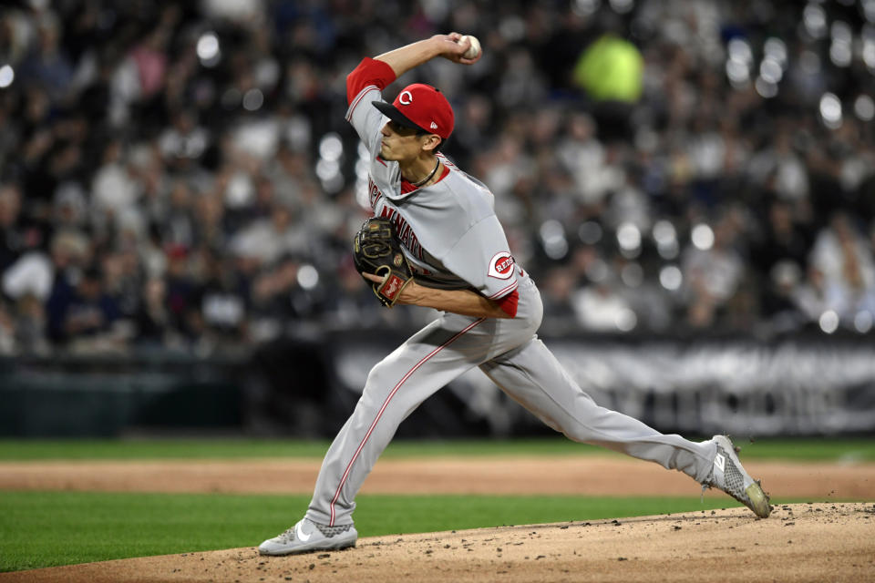 Cincinnati Reds starter Riley O'Brien delivers a pitch during the first inning of a baseball game against the Chicago White Sox Tuesday, Sept. 28, 2021, in Chicago. (AP Photo/Paul Beaty)