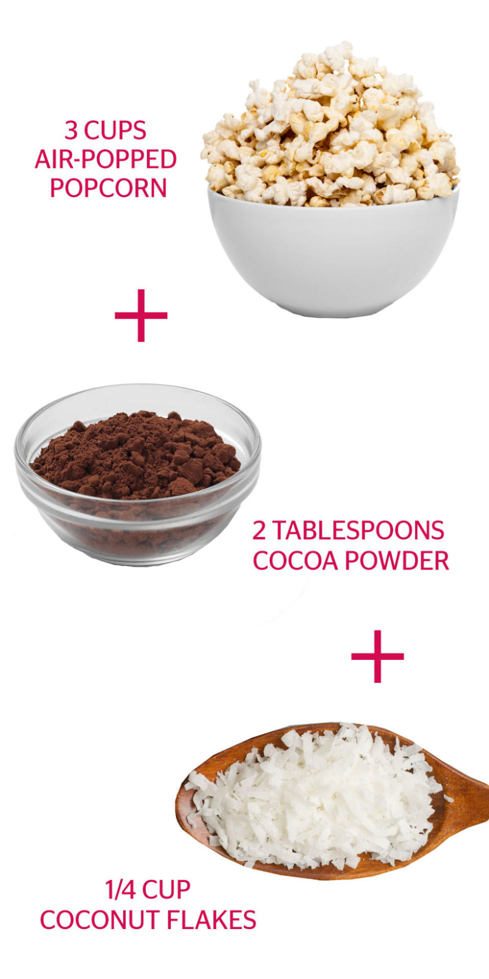 Air-Popped Popcorn + Cocoa Powder + Coconut