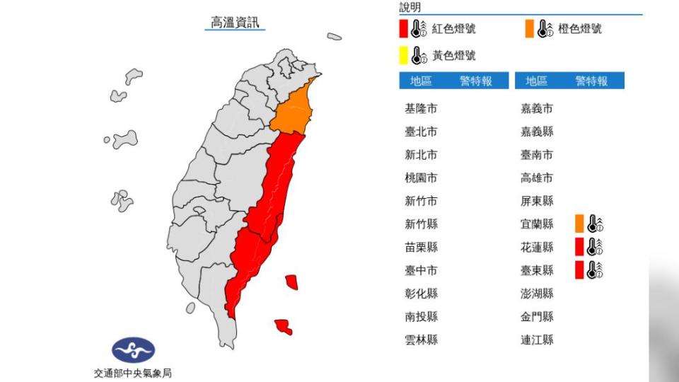 今午後大雨熱區擴大，但東半部仍像紅番薯飆極端高溫。（圖／中央氣象局）