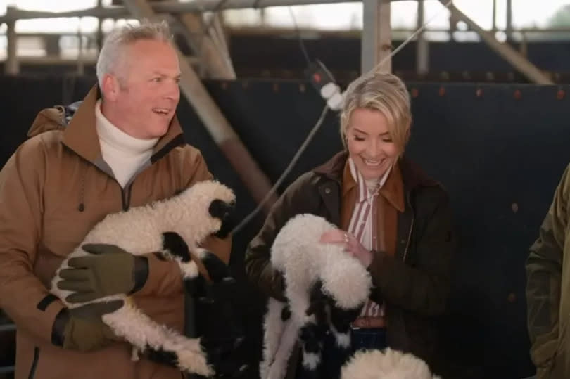 Jules Hudson and Helen Skelton with lambs on the farm in Yorkshire tonight