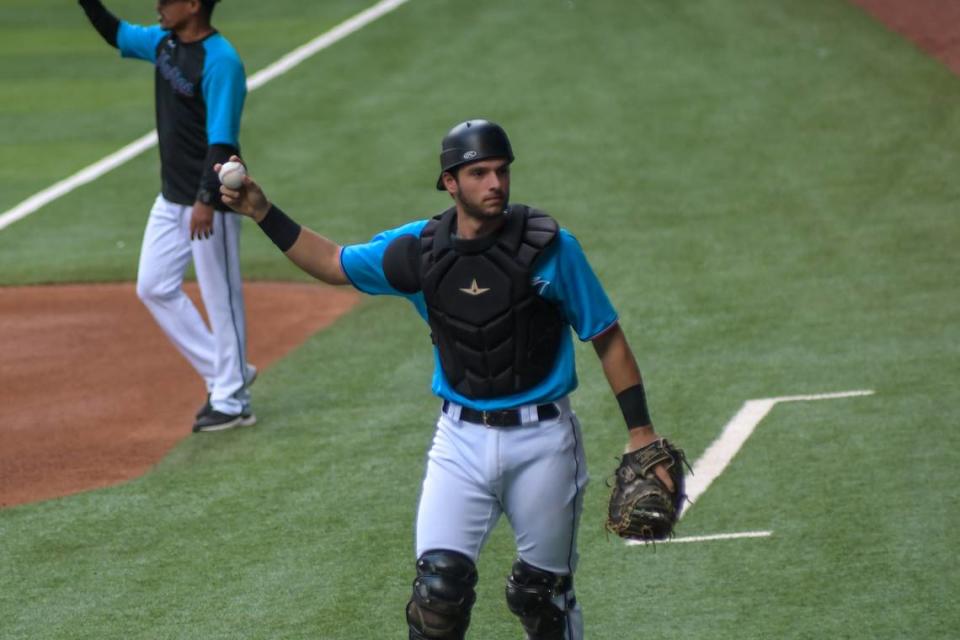 Miami Marlins catcher prospect Joe Mack at the team’s fall development camp on Wednesday, Oct. 13, 2021, at loanDepot park in Miami, Florida.