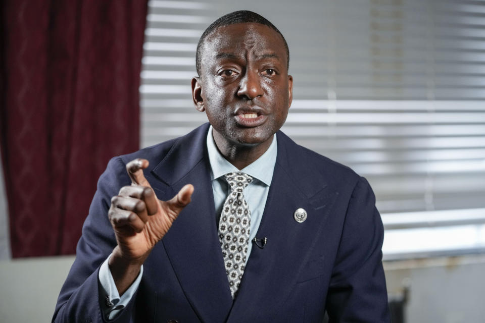 New York City Council candidate Yusef Salaam speaks during an interview with The Associated Press, Wednesday, May 24, 2023, in New York. Salaam is one of three candidates in a competitive June 27 Democratic primary. With early voting already begun, he faces two seasoned political veterans: New York Assembly members Al Taylor, 65, and Inez Dickens, 73, who previously represented Harlem on the City Council. (AP Photo/Mary Altaffer)