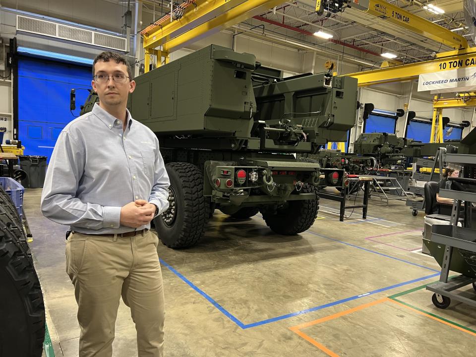 The manufacturing supervisor of Lockheed Martin's HIMARS work, Nick Spurlin, came to work three years ago as an assembler at the facility. A graduate of Southern Arkansas University, he followed in the footsteps of his father, who had spent 30 years at the company, partly working on the system. Spurlin said the production line now has roughly 50 workers building the weapon from the ground up. (Jen Judson/Staff)