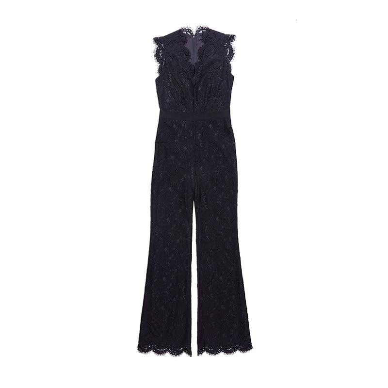 <p><span><span><a rel="nofollow noopener" href="https://shoprachelzoe.com/shop/ready-to-wear/jumpsuits-rompers/reesa-jumpsuit/?attribute_pa_color=blk" target="_blank" data-ylk="slk:Reesa Lace Jumpsuit;elm:context_link;itc:0;sec:content-canvas" class="link ">Reesa Lace Jumpsuit</a>, <span> $495 $297</span></span></span></p>