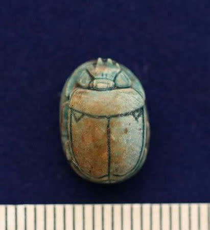 An Egyptian pharaonic scarab is pictured at the site of one of dozen newly discovered ancient Egyptian cemeteries dating back to the New Kingdom era, at Gabal al-Silsila or Chain of Mountains area in Upper Egypt, north of Aswan, January 11, 2017 in this handout picture courtesy of the Ministry of Antiquities. The Ministry of Antiquities/Handout via Reuters