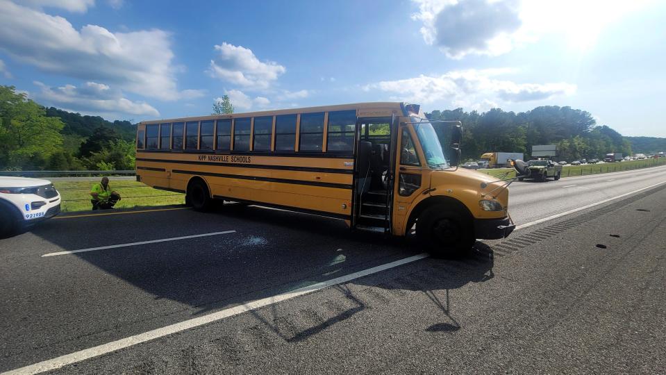 This photo provided by Metropolitan Nashville Police shows a school bus on Interstate 40 in Nashville, Saturday, May 6, 2023. A 14-year-old stole the school bus and drove it around Nashville before police were able to capture the teen as he tried to turn it around in the middle of Interstate 40, according to police.