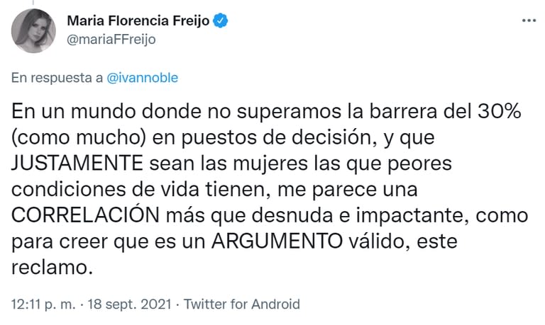 Otro de los tuits en los que María Florencia Freijo le respondió a Iván Noble