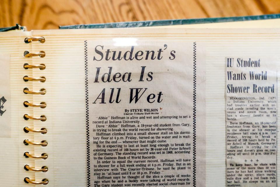 A scrap belonging to IU grad Dave Hoffman features articles and photos of his attempt to break the Guinness world record for the longest shower on Wednesday, Jan. 5, 2022, at his Indianapolis home. Hoffman succeeded in setting the Guinness world record for longest shower ever taken, 174 hours, on Jan. 27, 1972, in his dorm at IU.