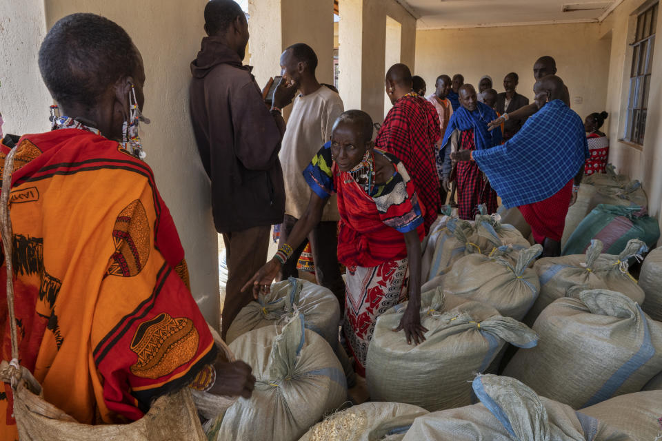 Two Maasai communties negotioate over a delivery  of maize from a local tourist lodge. With their cattle dying and no crops, communities are suffering across southern Kenya (Charlie Hamilton James)