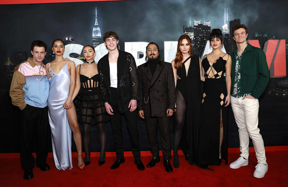 (L-R) Dylan Minnette, Jasmin Savoy Brown, Devyn Nekoda, Jack Champion, Tony Revolori, Liana Liberato, Melissa Barrera and Jack Quaid attend the Global Premiere of Paramount Pictures and Spyglass Media Group's "Scream VI" at AMC Lincoln Square on March 6, 2023 in New York, New York.