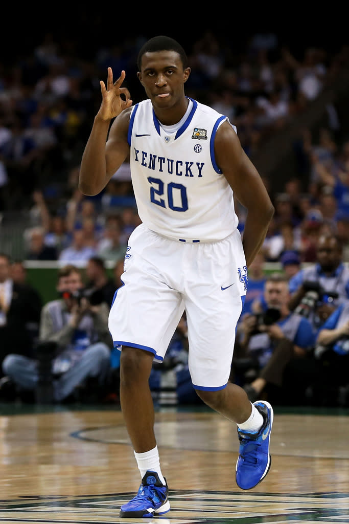 Doron Lamb #20 of the Kentucky Wildcats reacts after making a three-pointer in the first half against the Kansas Jayhawks in the National Championship Game of the 2012 NCAA Division I Men's Basketball Tournament at the Mercedes-Benz Superdome on April 2, 2012 in New Orleans, Louisiana. (Photo by Jeff Gross/Getty Images)