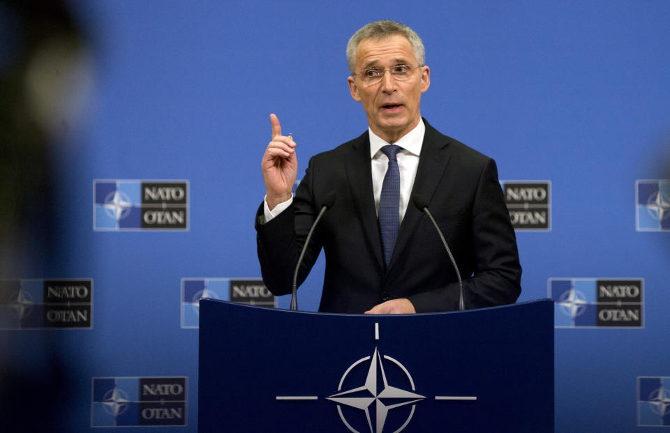 NATO Secretary General Jens Stoltenberg speaks during a media conference at NATO headquarters in Brussels, Monday, April 1, 2019. NATO foreign ministers mark in Washington on Thursday the 70th anniversary of the world's biggest security alliance amid heightened tensions with Russia and years of military stalemate in Afghanistan. (AP Photo/Virginia Mayo)