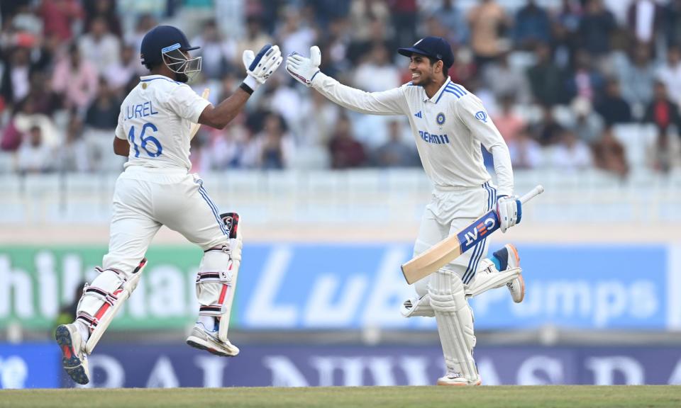 <span>India’s Shubman Gill (right) and Dhruv Jurel celebrate the winning runs in Ranchi.</span><span>Photograph: Gareth Copley/Getty Images</span>