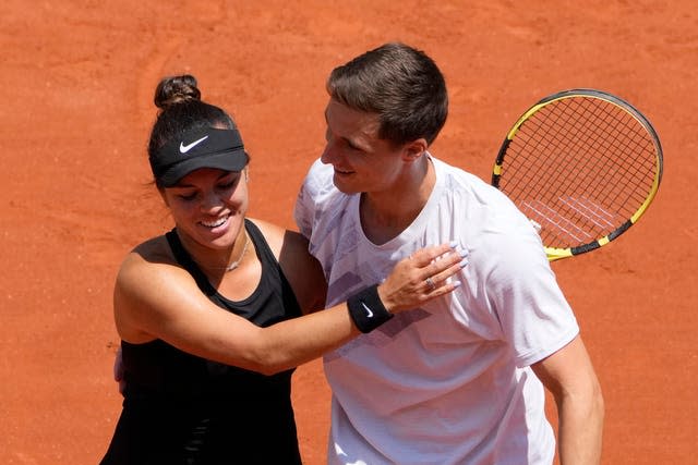 Joe Salisbury, right, and Desirae Krawczyk celebrate their victory