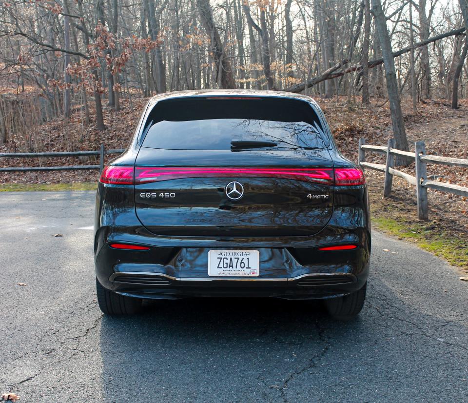 The 2023 Mercedes-Benz EQS SUV's rear end and tail lights.