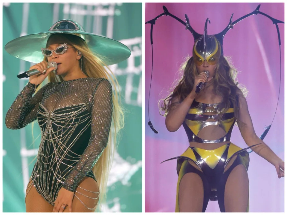 Left, Beyonce in a black jumpsuit with crystal cat-eye sunglasses and Right, Beyonce in a bee jumpsuit in a oversized antennae helmet with orange lenses 