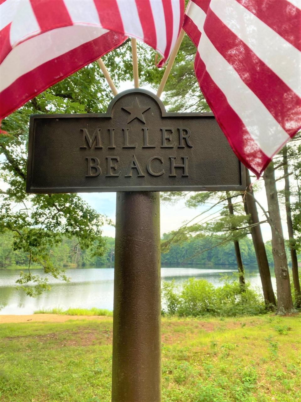 Miller Beach marker on the Banks of the Ware River off Worcester Road in Barre.