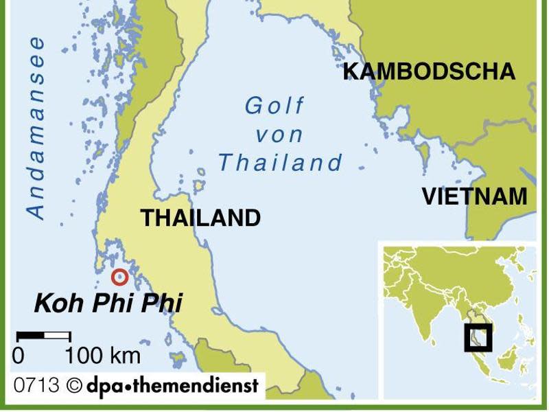 Die Inselgruppe Ko Phi Phi liegt in der Andamanensee vor der Westküste Süd-Thailands. Mit dem Flugzeug erreicht man die Urlaubsregion über Bangkok, Phuket oder Koh Samui. Foto: dpa-infografik