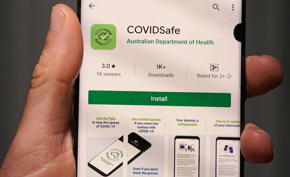 The Australian Government's new voluntary coronavirus tracing app 'COVIDSafe' is seen on a mobile phone. Source: AAP