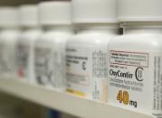 FILE PHOTO: Bottles of prescription painkiller OxyContin, 40mg pills, made by Purdue Pharma L.D. sit on a shelf at a local pharmacy in Provo