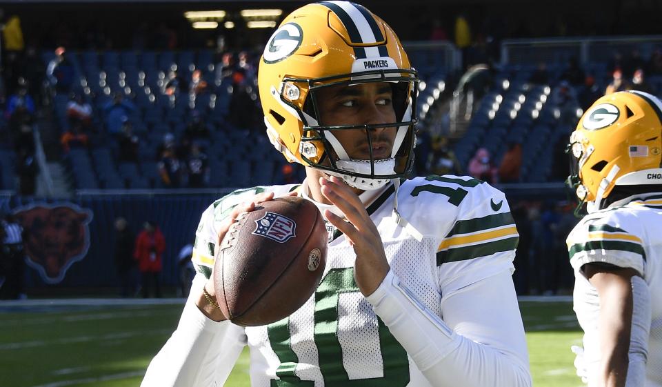 Dec 4, 2022; Chicago, Illinois, USA; Green Bay Packers quarterback Jordan Love (10) during warmups before a game against the Chicago Bears at Soldier Field. Mandatory Credit: Matt Marton-USA TODAY Sports