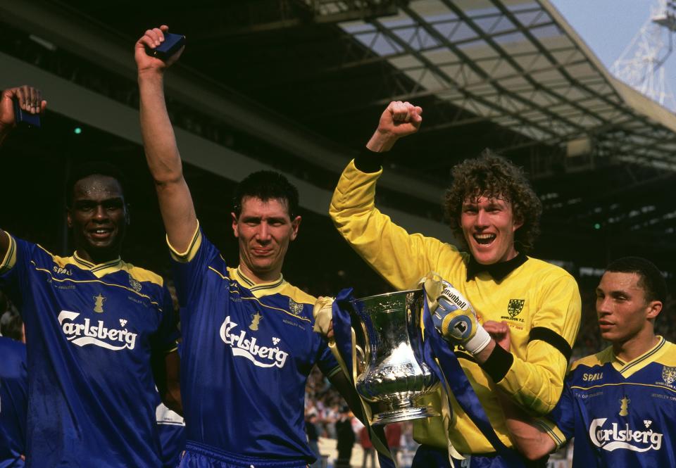 Wimbledon celebrate shock FA Cup final win over Liverpool (Mandatory Credit: David Cannon /Allsport)