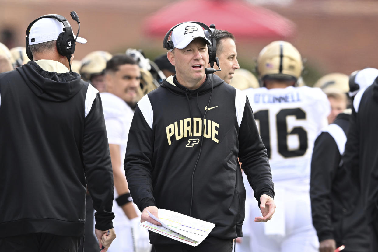 Purdue head coach Jeff Brohm looks on in the first half of an NCAA college football game against Maryland, Saturday, Oct. 8, 2022, in College Park, Md. (AP Photo/Gail Burton)