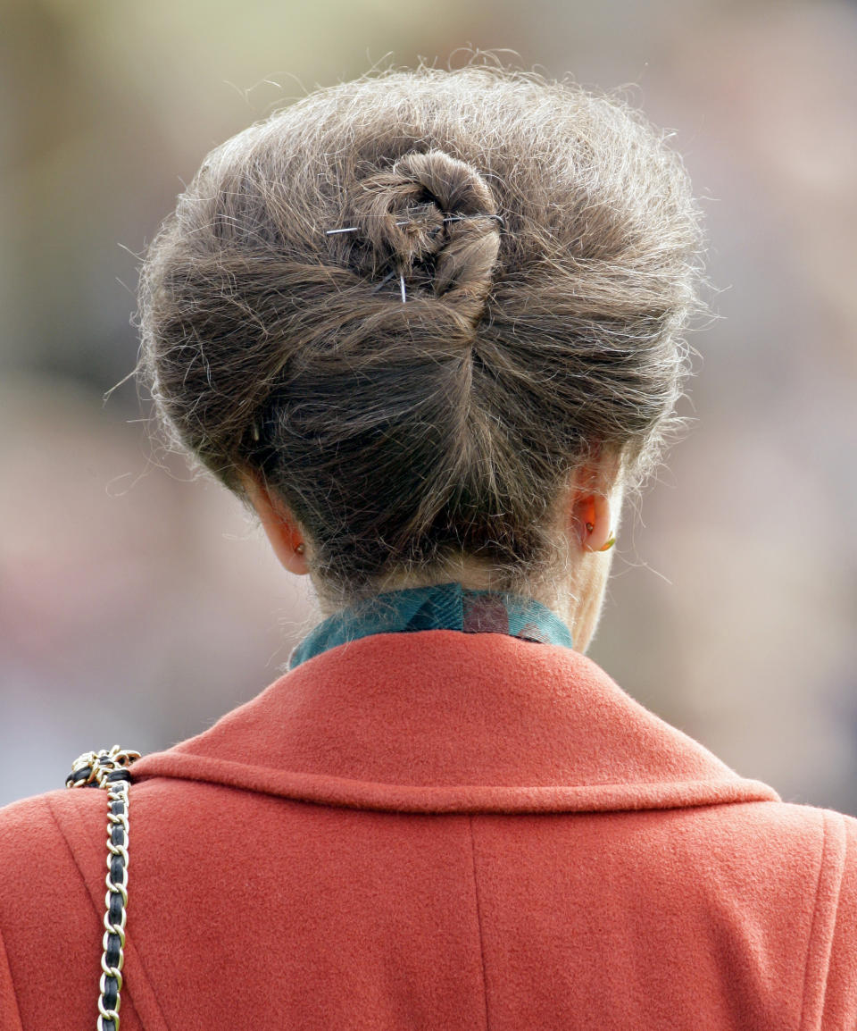 LIVERPOOL, UNITED KINGDOM - APRIL 07: (EMBARGOED FOR PUBLICATION IN UK NEWSPAPERS UNTIL 48 HOURS AFTER CREATE DATE AND TIME) Princess Anne, The Princess Royal's hair in a bun style held with hair clips as she attends 'Liverpool Day' of the John Smith's Grand National horse racing meeting at Aintree Racecourse on April 7, 2011 in Liverpool, England. (Photo by Indigo/Getty Images)