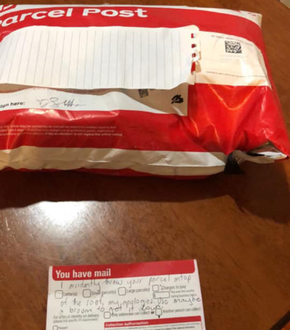 The Castle Hill woman's parcel, which she claims was found on the roof of her home, and the notice believed to be from an Australia Post worker claiming it was thrown on the roof by accident.