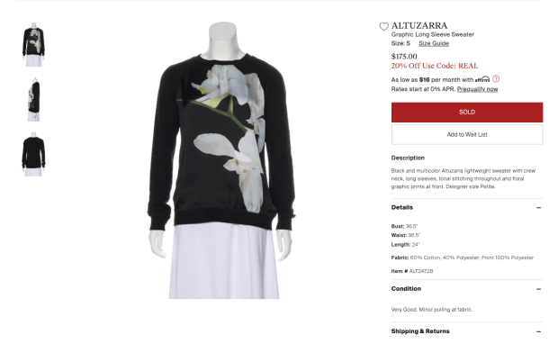 An Altuzarra for Target sweatshirt <em>listed on The RealReal as of June 24, 2019</em>. Photo: Screenshot/Fashionista