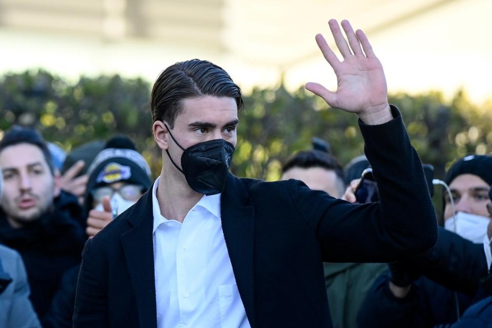 Dusan Vlahovic, pictured, arrives for his medical at Juventus (Fabio Ferrari/AP) (AP)