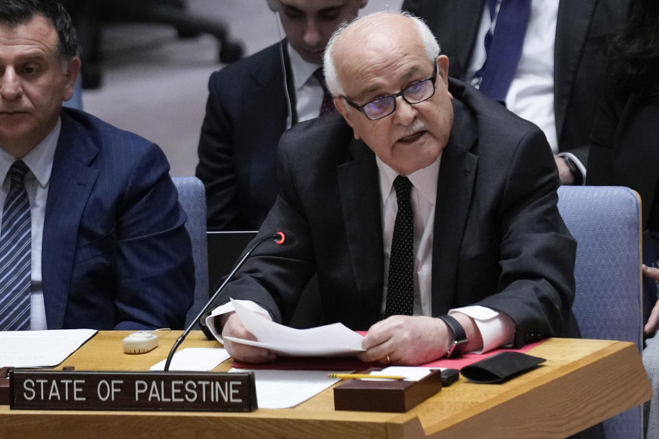 FILE - Riyad Mansour, the Palestinian representative to the United Nations, speaks during a Security Council meeting at United Nations headquarters, Thursday, Jan. 5, 2023. For the first time, the United Nations will officially commemorate the flight of hundreds of thousands of Palestinians from what is now Israel on the 75th anniversary of their exodus, an action stemming from the U.N.’s partition of British-ruled Palestine into separate Jewish and Arab states. Mansour called the U.N. observance “historic” and significant because the General Assembly played a key role in the partition of Palestine. (AP Photo/Seth Wenig, File)