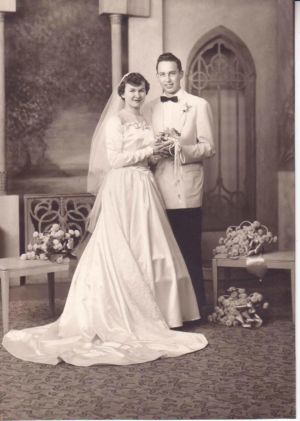 Florence Popp (left) and Jim Popp (right) stand for a photo on their wedding day, Oct. 11, 1952.