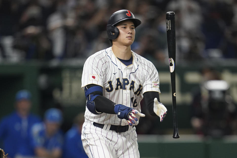 Shohei Ohtani of Japan reacts after a strike out during the eighth inning of the quarterfinal game between Italy and Japan at the World Baseball Classic (WBC) at Tokyo Dome in Tokyo, Japan, Thursday, March 16, 2023. (AP Photo/Toru Hanai)