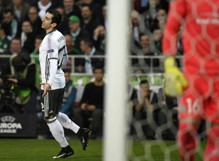 Manchester's United's Henrikh Mkhitaryan celebrates after scoring a goal during their UEFA Europa League football match against AS Saint-Etienne on February 22, 2017 in Saint-Etienne, central France