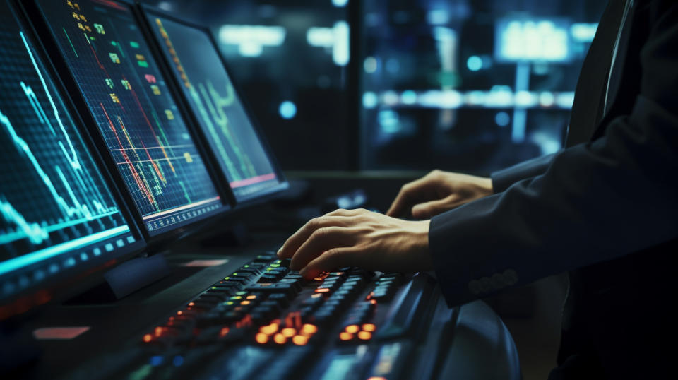 A shot of a financial trader's hands pressing buttons rapidly on a trading terminal.