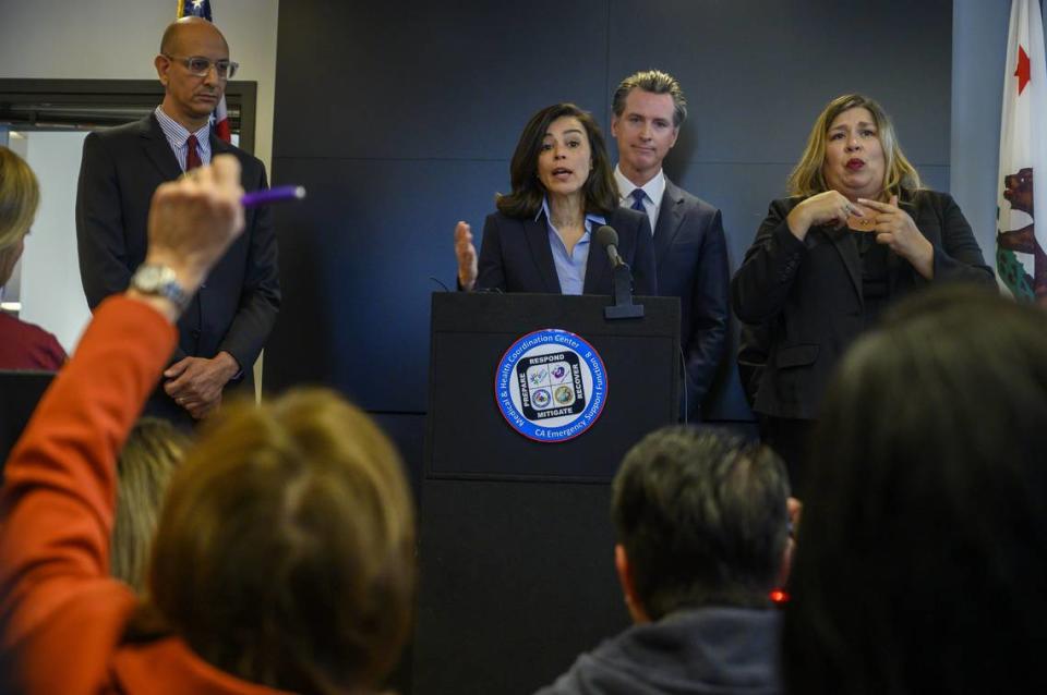 California Department of Public Health Director Sonia Angell answers questions along with other state health officials and California Governor Gavin Newsom on the state’s response to novel coronavirus, also known as COVID-19 in Sacramento on Thursday, Feb. 27, 2020. Yesterday, the Centers for Disease Control and Prevention confirmed a possible first case of person-to-person transmission of COVID-19 in California in the general public.