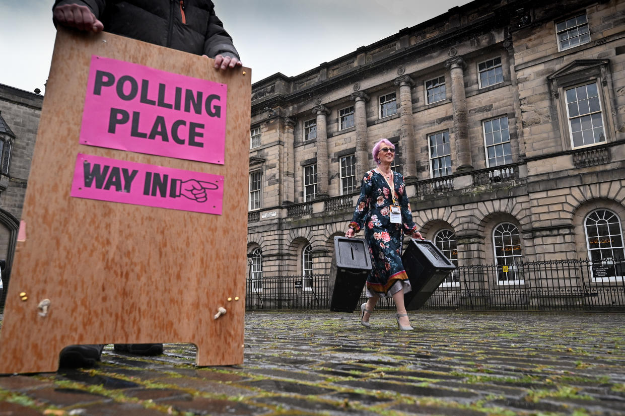 EDINBURGH, SCOTLAND - MAY 04: Staff at Edinburgh City Council move ballot boxes as they're taken for distribution to polling stations on May 4, 2021 in Edinburgh, Scotland. Political party leaders have been out campaigning in the final two day before voters go to the polls open on Thursday in the Scottish Parliamentary election. (Photo by Jeff J Mitchell/Getty Images)