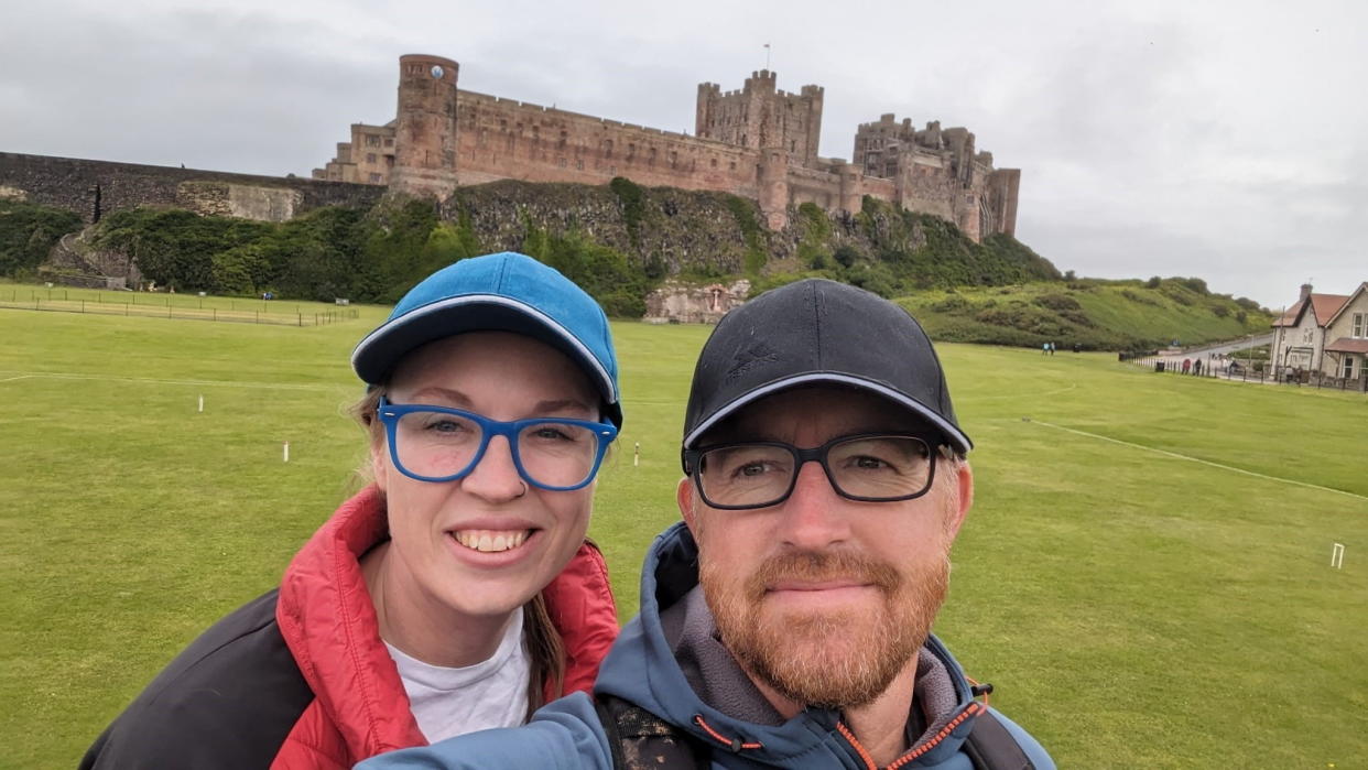 Sarah Trushell, 38, with her partner Ian, 48, before she had surgery to remove the skin cancer beneath her eye. (Sarah Trushell/SWNS)