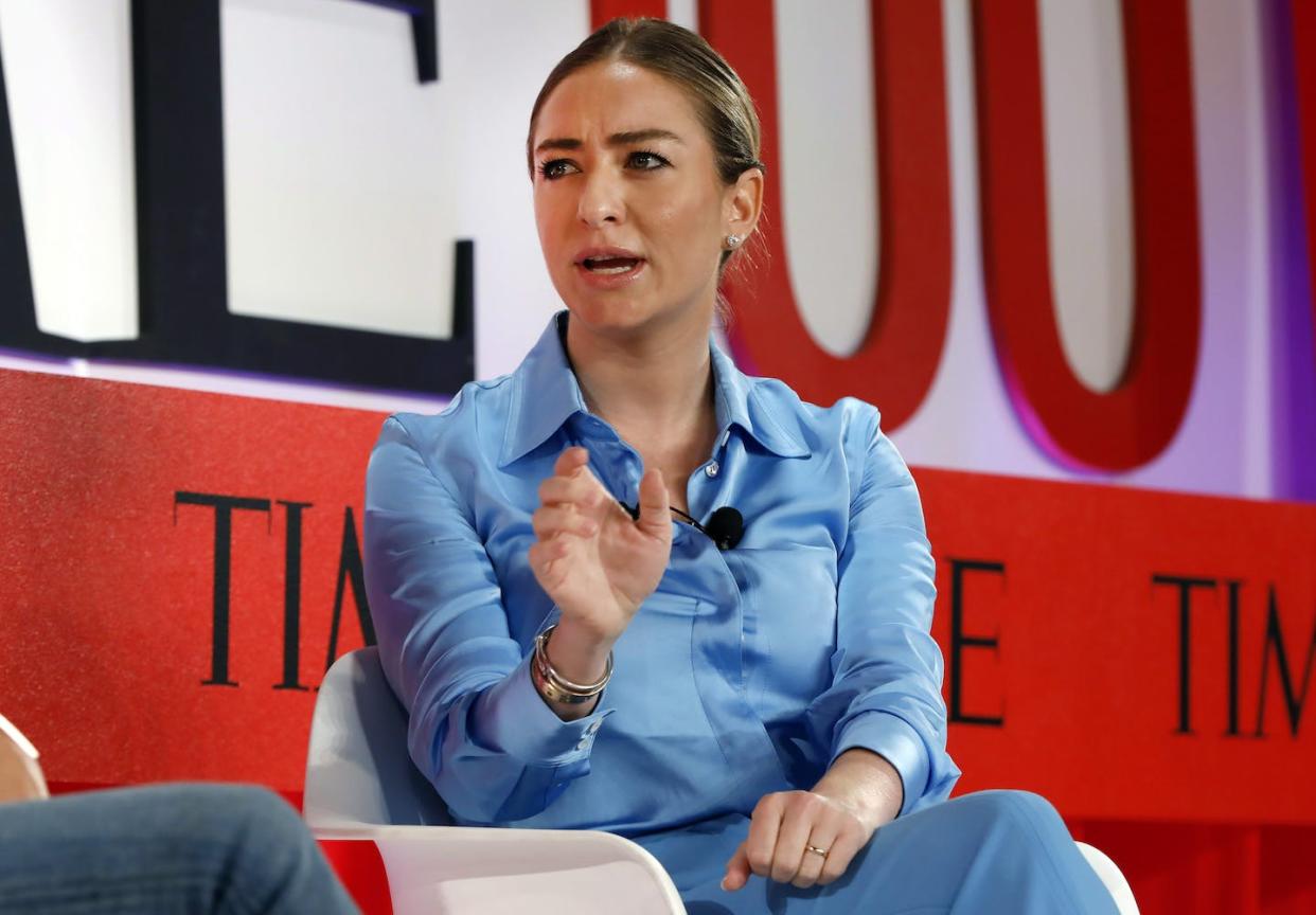 Whitney Wolfe Herd who heads up Bumble speaks during the TIME 100 Summit in New York, April 2019. (AP Photo/Richard Drew)