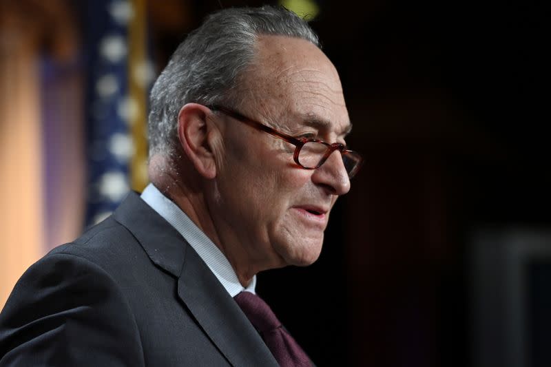 U.S. Senate Majority Leader Chuck Schumer (D-NY) speaks at a news conference at the U.S. Capitol