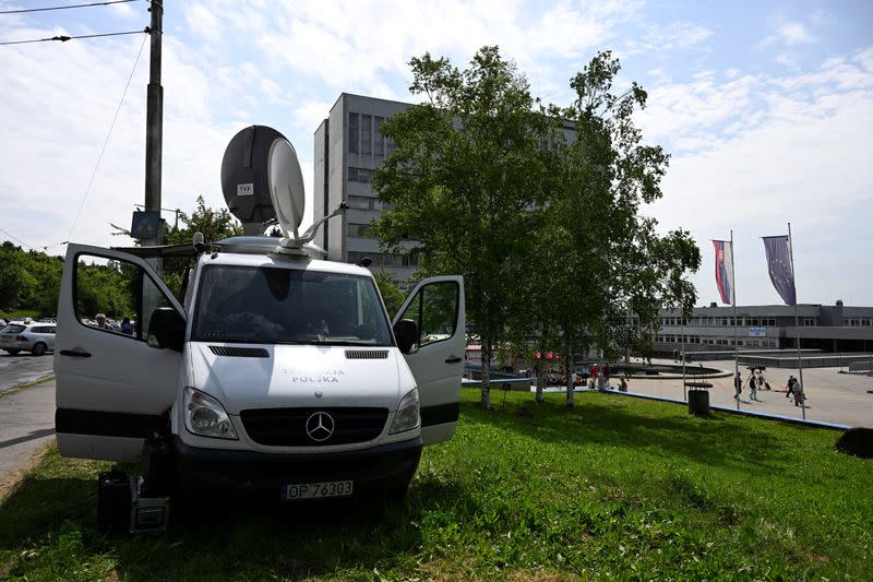 A TV car parks near the F.D. Roosevelt University Hospital, where Slovak Prime Minister Robert Fico is hospitalised
