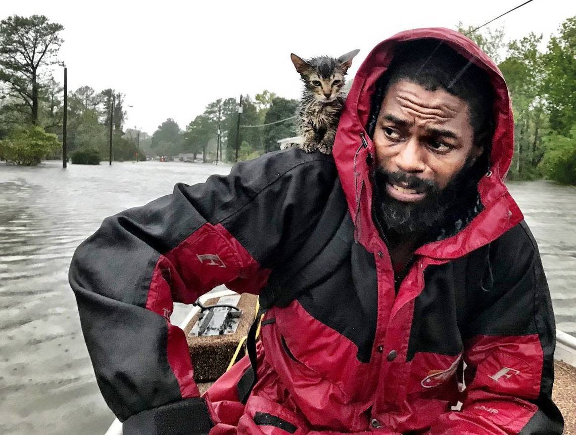 Robert Simmons Jr. and his kitten “Survivor” are rescued from floodwaters in New Bern, NC after Hurricane Florence dumped several inches of rain in the area overnight, Sept. 14, 2018. Hundreds were rescued from eastern North Carolina in the wake of the slow-moving storm. Andrew Carter/acarter@newsobserver.com