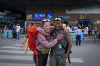 Norwegian climber Kristin Harila, 37, right, and her guide Tenjen Sherpa pose for a photograph in Kathmandu, Nepal, Tuesday, June 6, 2023. The Norwegian who is aiming to be the fastest climber to scale all the world's 14 highest mountains announced she is shortening her goal and do it in half the time than initial target. (AP Photo/Niranjan Shrestha)