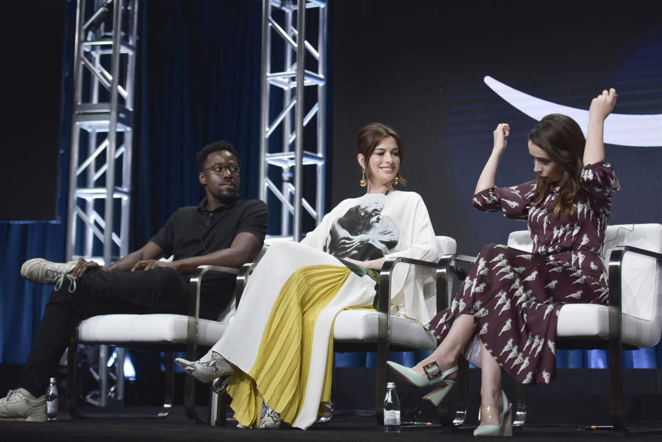 Gary Carr, from left, Anne Hathaway and Cristin Milioti participate in the Amazon Prime Video "Modern Love" panel at the Television Critics Association Summer Press Tour on Saturday, July 27, 2019, in Beverly Hills, Calif. (Photo by Richard Shotwell/Invision/AP)