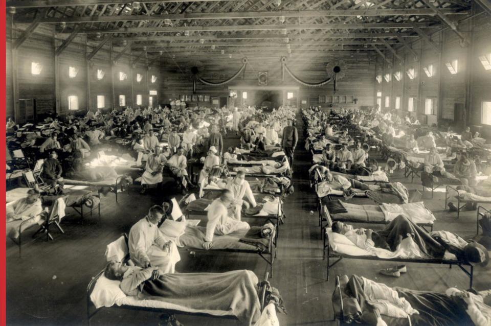 Soldiers in quarantine while recovering from the Spanish flu, at Camp Funston, Kansas in 1918.