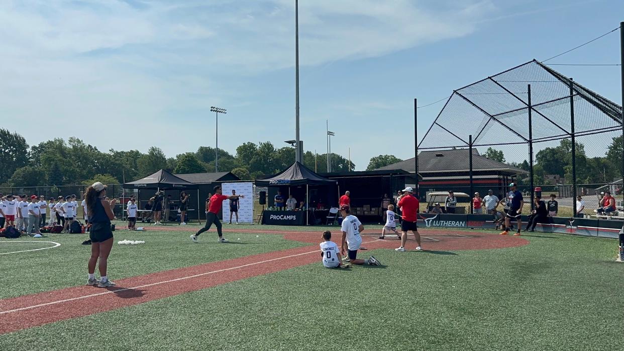Guardians second baseman Andres Gimenez interacting with kids at his youth camp held at Lutheran West High School on June 17, 2024.
