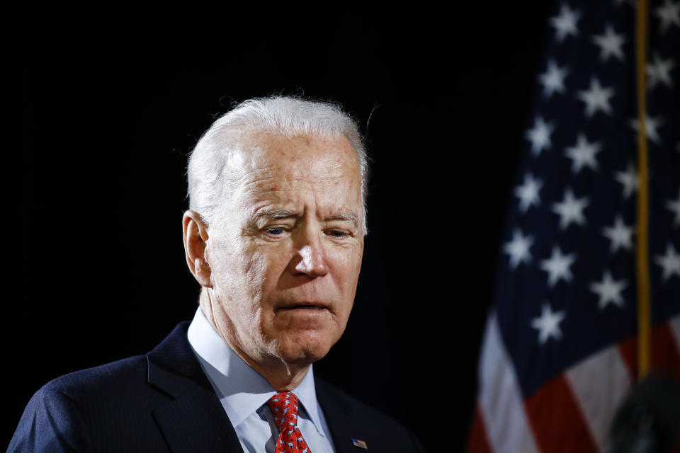 FILE - In this March 12, 2020, file photo Democratic presidential candidate former Vice President Joe Biden arrives to speak about the coronavirus in Wilmington, Del. Biden says he would like to be a “transition” from President Donald Trump to younger, rising Democratic stars. (AP Photo/Matt Rourke, File)